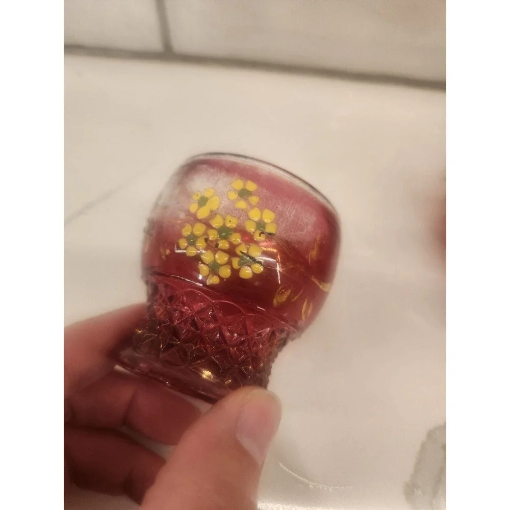 Two Antique EAPG Pink Hand Painted Enamel Daisies Toothpick Holder Flashed Color